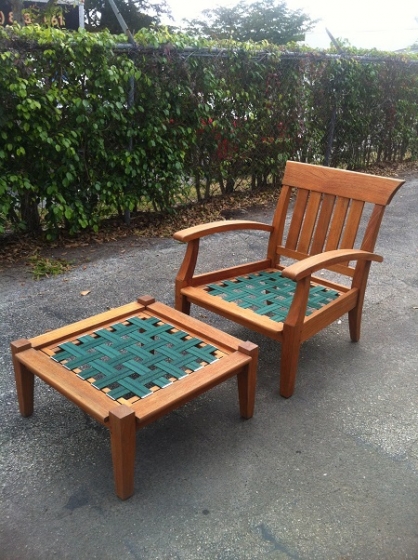 Teak chair and foot stool stripped and refinished with exterior finish.
the furniture will be displayed around the pool, so the finish needed to be weather resistant